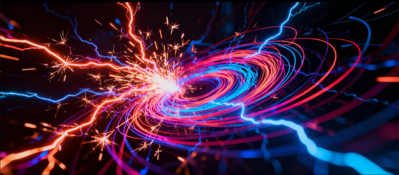 Vector illustration of VFX effects an abstract field of magnetic lines glowing with electric sparks and swirls.