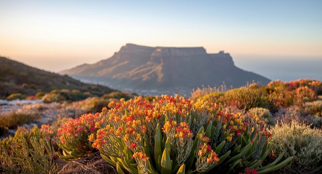 Table Mountain's endemic fynbos plants from Cape Floral Kingdom with copyspace included