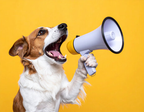 Niedlicher Hund bellt ins Megafon vor gelben Hintergrund