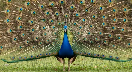 Obraz premium Majestic Indian peacock displaying its vibrant, elaborate train of numerous iridescent eyespots in full view