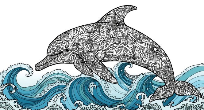 Unique zentangle dolphin art paired with curling sea waves for adult coloring fun