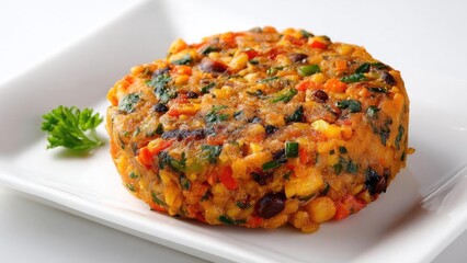 Fototapeta premium Round veggie patty made from corn, beans and chopped vegetables on a white plate with parsley garnish. Concept Veggie patty, Corn and bean patty, Chopped vegetables, Parsley garnish