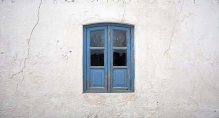 Rustic textured ancient white wall featuring timeless blue vintage window and architectural allure