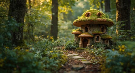 magical woodland scene featuring a multistory mushroom shaped home