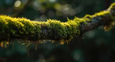 Naklejka premium Close examination of mossy plant life along a natural branch