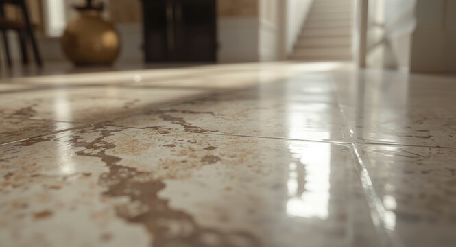 Porcelain tile floor close up showing glossy surface reflecting stylish light in home upgrade