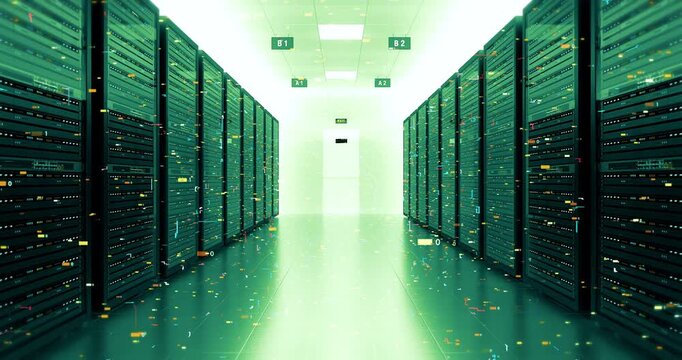 High Capacity Server Infrastructure in Advanced Data Center 4K. Technology And AI Related 3D Animation.