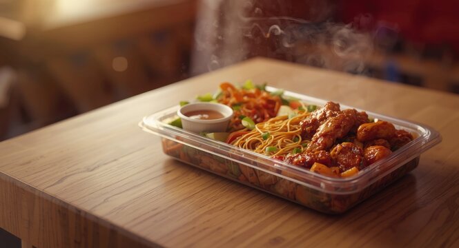Takeout Indo Chinese platter with Schezwan noodles, chilli chicken, and soup delivered in secure plastic packets
