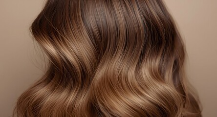 Fototapeta premium Warm toned smooth brunette hair featuring natural waves and soft contour highlights
