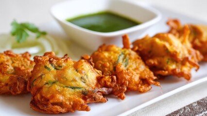 Fototapeta premium Golden fried vegetable pakoras with a green chutney dip. Concept Crispy vegetable pakoras, Minty green chutney dip, Indian snacks and bites, Crunchy fried appetizers
