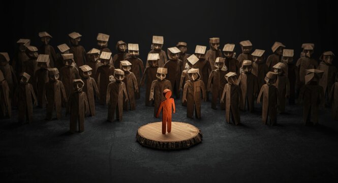 View of social marginalization concept showing clustered paper figures around one highlighted figure on wooden base with dark backdrop