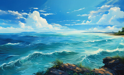 青い海が見える海岸　晴れた空と夏の雲