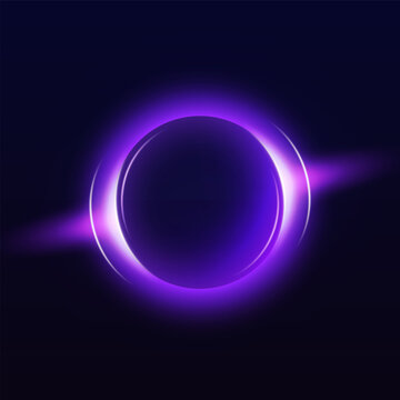 Sphere with blue neon halo effect, glowing gradient ring, luminous round aura on dark background, vector bright eclipse