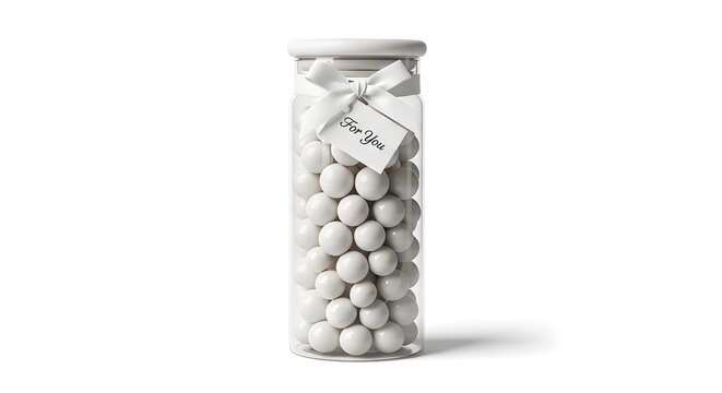 Glass Jar Filled with White Candy Balls and Gift Tag

