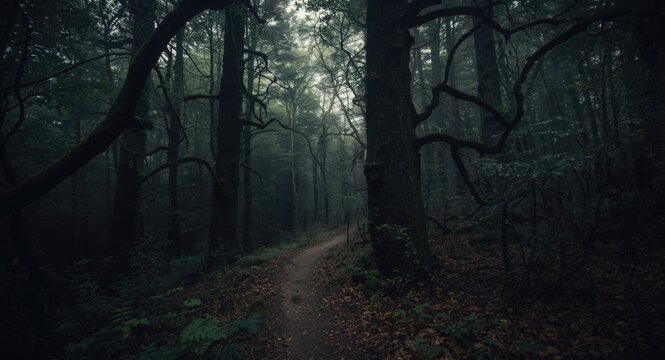 Somber hiking path through a dense and dark forest