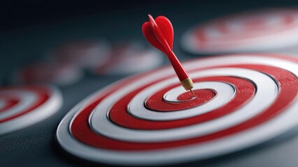 Fototapeta premium Red dart hitting the bullseye of a red-and-white concentric target. Concept Dartboard Precision, Bullseye Hit, Target Practice, Red-and-White Target, Dart Throw Skill