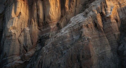 Abstract geological rock textures on a vertical cliff with layered stone blocks