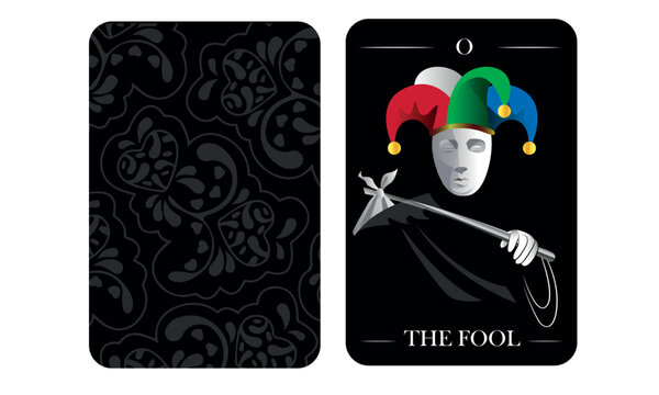 The Fool Tarot Card Vector Illustration &ndash; Modern Major Arcana with Jester Hat and Black Pattern Back