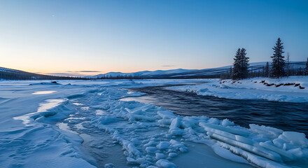 Obraz premium A breathtaking and serene winter landscape capturing a partially frozen river with floating ice chunks and jagged ice floes along .