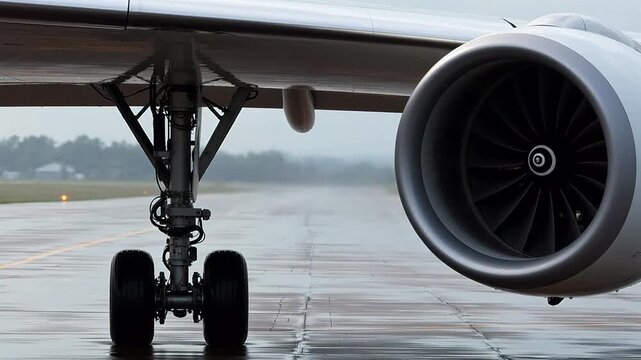 Aircraft engine and landing gear on wet runway