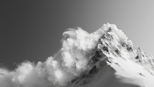 Snowy mountain peak with a dramatic plume of snow blowing off the summit. Concept Snowy mountain peak, Dramatic plume of snow blowing off the summit, Wind-swept alpine landscape