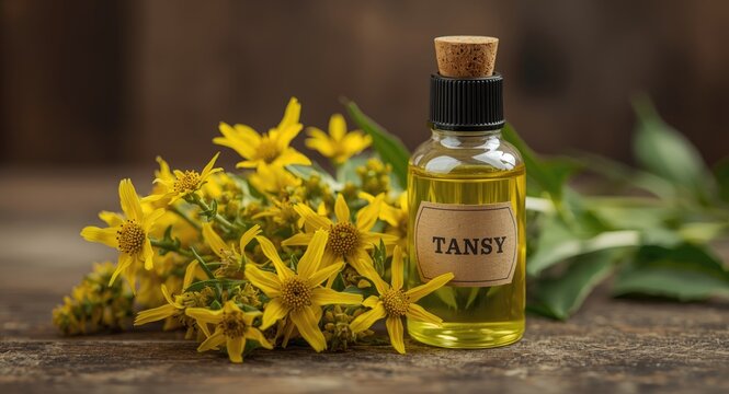 Natural herbal tansy decoction and tincture oil bottle with area for text