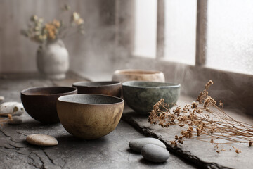 Minimalist wabi-sabi table setting with slate and artisanal bowls, Generative AI