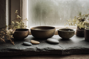 Peaceful home decor featuring handcrafted earth-tone ceramics, Generative AI