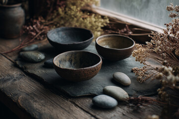 Close-up of textured ceramic bowls in a serene morning setting, Generative AI
