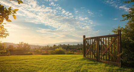 Fototapeta premium Open gates under a serene sunny sky with gentle clouds
