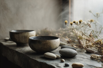 Minimalist earth tone ceramic bowls on natural slate surface, Generative AI