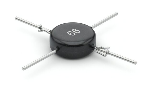 Disc ceramic capacitor with four radial leads and number 66 marking