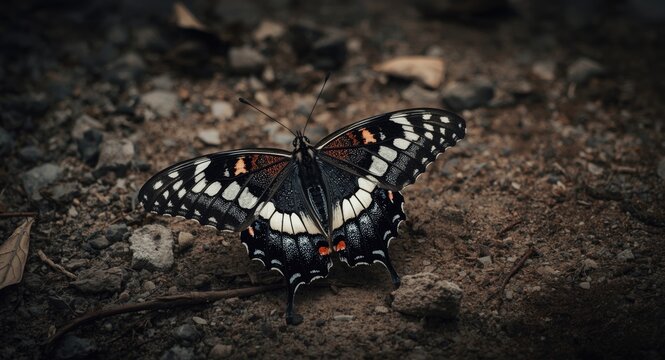 Tarucus ananda butterfly displaying complex black and white patterned wings with red highlights on textured ground
