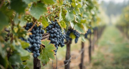 Youthful Grape Vines with Small Clusters and Green Shoots in a Spring Vineyard Surrounded by a Soft Frosted Leaf Blur