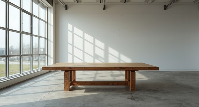 Open plan room with broad window and handcrafted wooden table