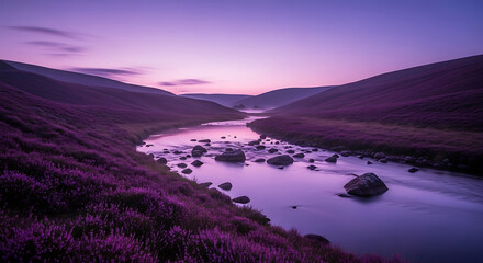 Obraz premium Peaceful nature background with a calm river reflecting the soft pink and purple tones of dawn in a misty valley. 