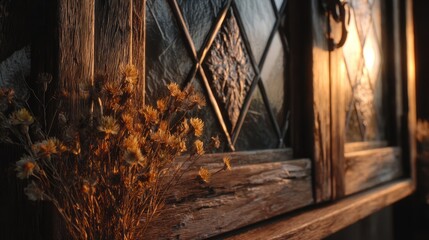 Obraz premium Rustic Window View with Warm Candlelight and Dried Flowers in Cozy Cabin Interior.