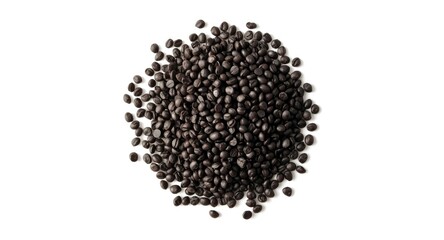 Beluga lentil texture spread evenly on white backdrop with copy space area