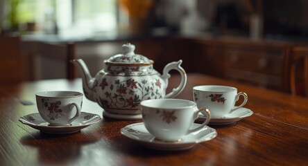 Fototapeta premium Decorative teapot with matching tea cups placed on a wooden kitchen table