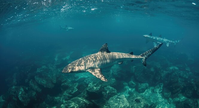 Thresher sharks moving through crystal clear coastal waters