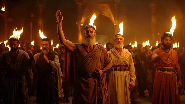Group of men in ancient robes with torches