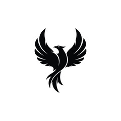 Obraz premium A stylized black silhouette of a phoenix rising with outstretched wings, symbolizing rebirth and freedom in a simple illustration.