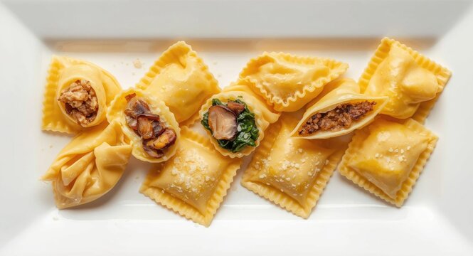 Variety of classic Italian filled pasta including tortellini agnolotti cappelletti ravioli and uszka showcased on a white plate