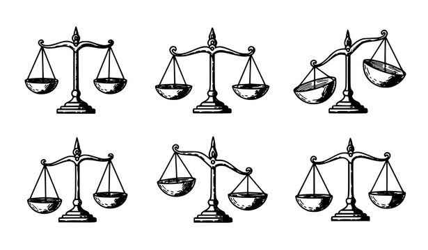 Libra scales doodle icons set with hand-drawn balanced and imbalanced vector illustrations