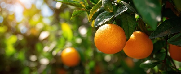 The Oranges on a Sunlit Citrus Tree with Green Leaves and Bokeh Background