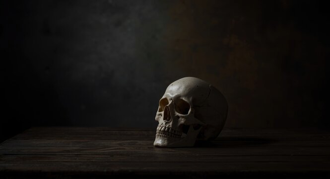 Dark atmospheric still life featuring a human skull