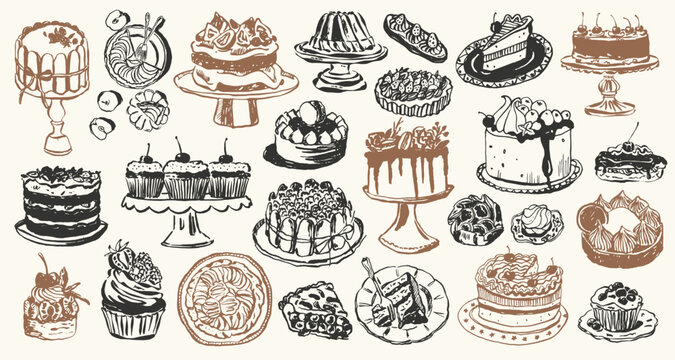 Ink drawing desserts illustration set. Doodles for menu, restaurant or cafe branding, postcards, greeting cards.	