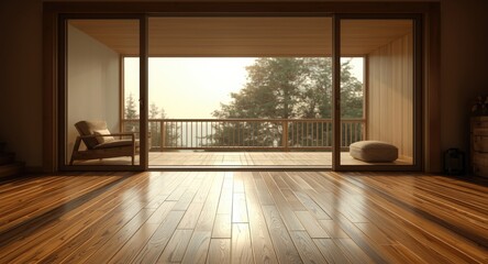 Obraz premium Room with wooden plank floors and wide glass sliding doors revealing front balcony view