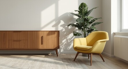 Minimalist living room interior featuring a wooden cabinet, yellow armchair, and vibrant monstera plant
