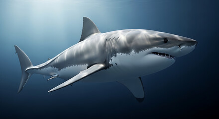 Fototapeta premium Great White Shark Swimming in the Deep Blue Ocean